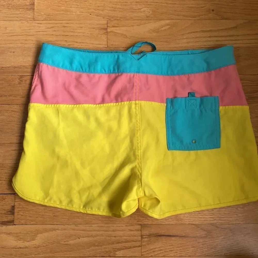 Patagonia sz 14 water shorts tie yellow pink blue Velcro + open pockets snap fly